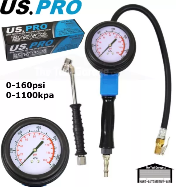 US PRO Tools High Pressure Air Tyre Inflator Gauge for HGV Commercial 0-160 PSI