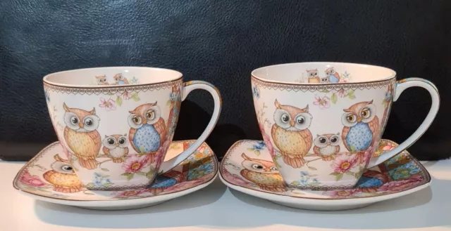 Fine Bone China Owls 220CC Cups & Saucers Set SQUARE *NEW* Essential Collection