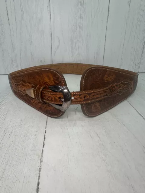 Justin Brown Tooled Leather Vintage Belt Women's 32 Hips Corset Cinch Size 32