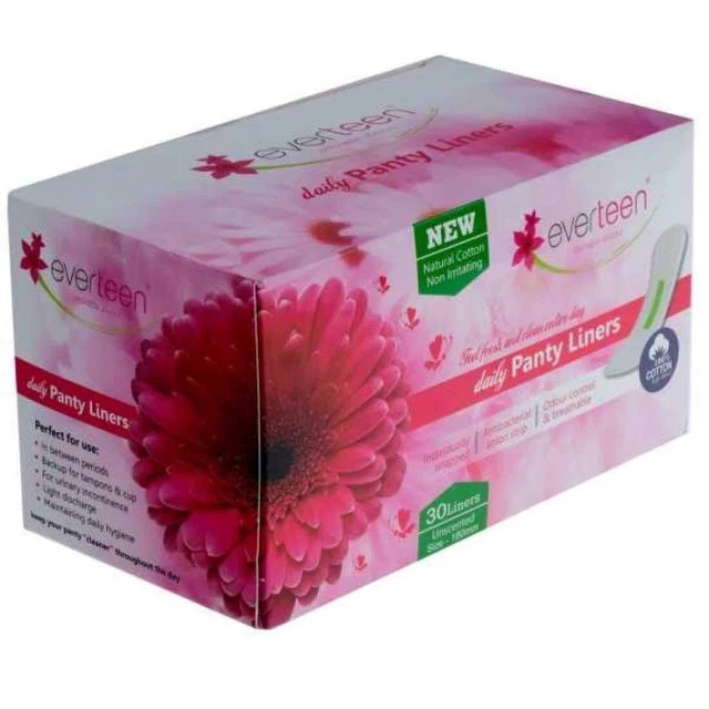 Pantyliners diarios everteen 100 % algodón natural (caja de 30 piezas)