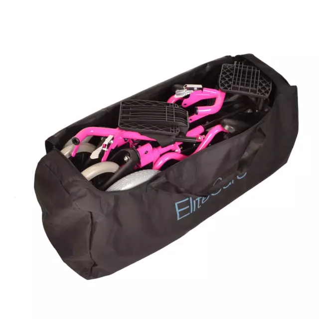 Pink Lightweight folding deluxe travel wheelchair in a bag with handbrakes