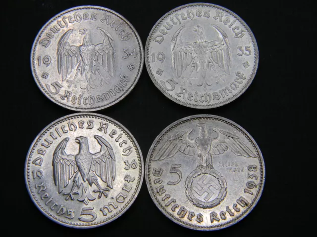 Complete Set of 4 Rare German  5 Reichsmark Genuine SILVER Coin with BIG Eagle