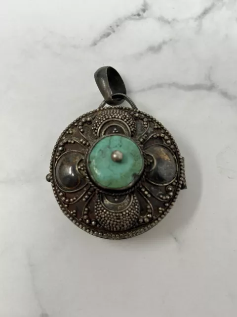 Vintage Sterling Silver Pill Trinket Prayer Stash Box Pendant Ornate Turquoise
