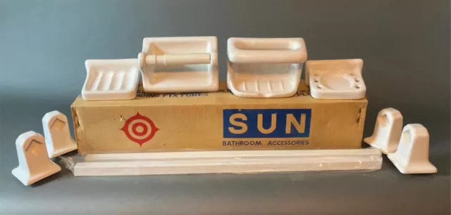 Vintage Japan 10pc. MCM Salt Pepper Ceramic Tile In Bathroom Accessory Set NOS