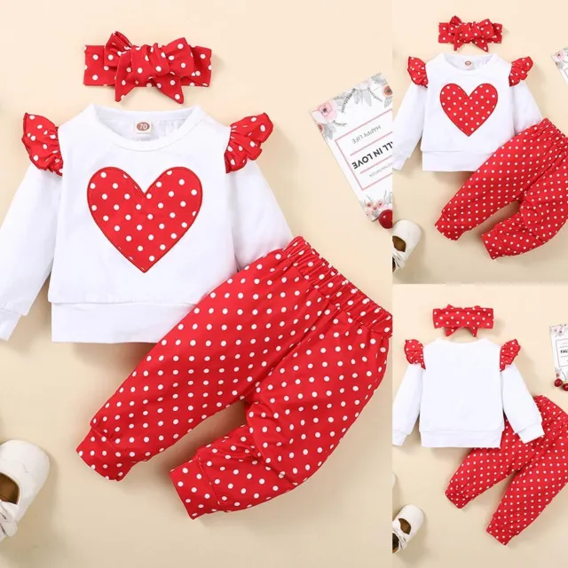 Newborn Baby Girls Heart Clothes Tops Pants Headband Outfits Tracksuit Set 3PCS