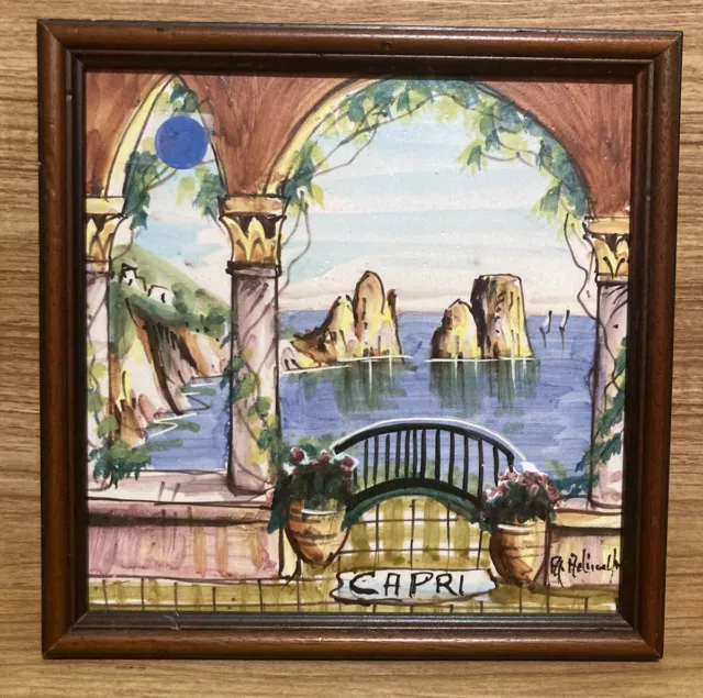 Vintage Italian Tile Signed Capri 8.5” Wood Framed Hand Painted Terracotta 🇮🇹