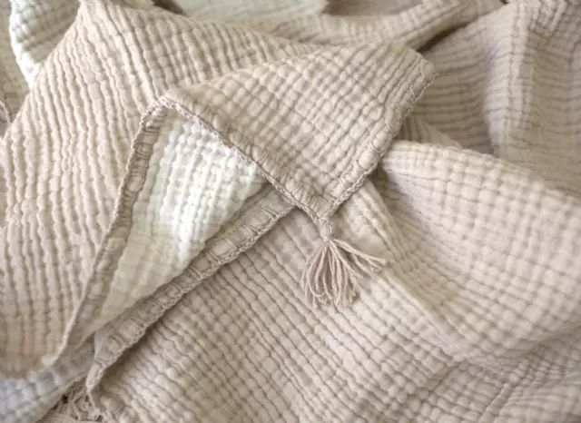 100% Organic Cotton Muslin Throw Blanket, 4 Layer Gauze Bedspread, Beige