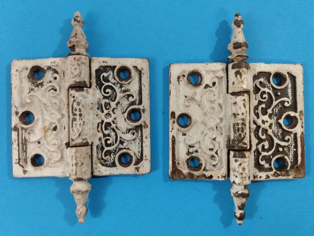 Two 1877 Victorian Antique Cast Iron Ornate Steeple-Tipped Door Hinges 3"x3.5"