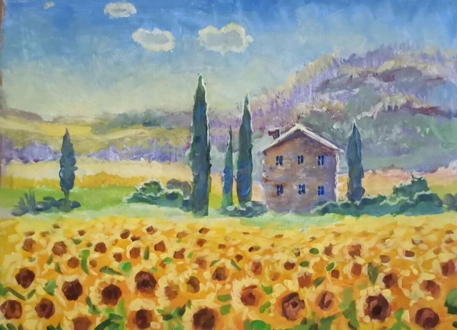 Campo de Sanflowers Pintura acrílica original Arte de paisaje de verano...
