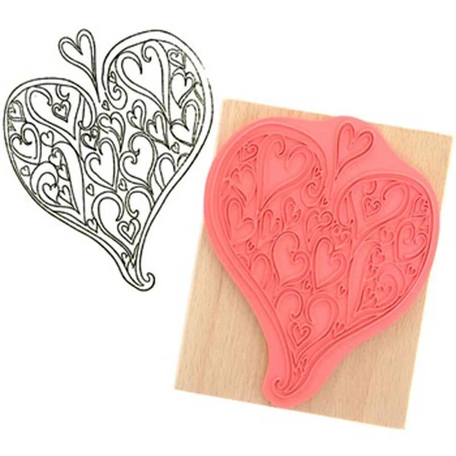 Create & Craft HEARTS WITHIN HEARTS Stylised Rubber Ink Stamp on Beech Block
