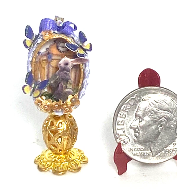 OOAK Artisan Bunny Rabbit in Decorated Egg 1:12 miniature Dollhouse Signed 2023