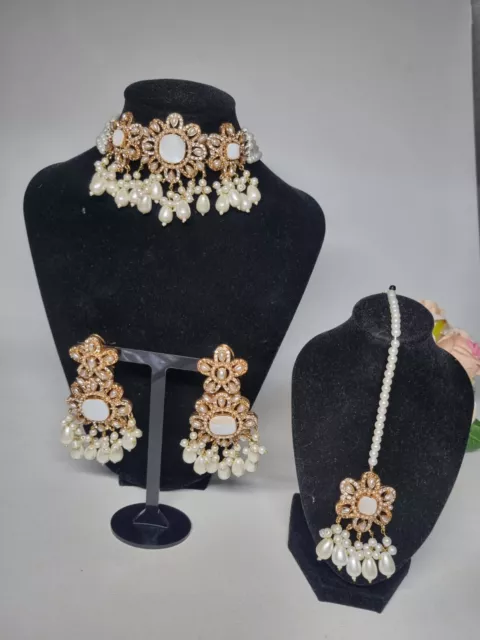 Indian Pakistani 3 Piece Pearl And Gold Choker Set With Stones