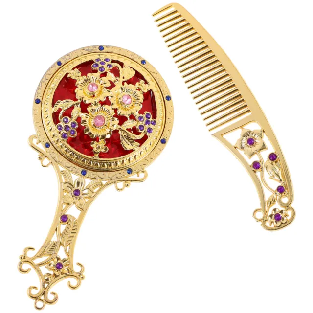 Retro Mirror Hair Brush with Portable Comb Handheld Vanity Travel Woman Set