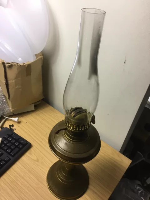 ANTIQUE BRASS PARAFFIN / OIL LAMP with CHIMNEY