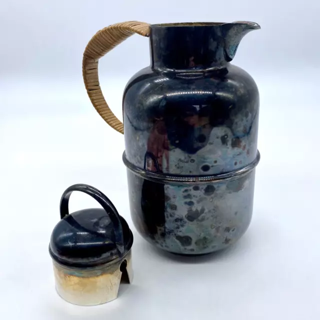 Nice Patina! Vintage CAMBRIDGE EPC 1130 Silver Plate Pitcher w/ Rattan Handle