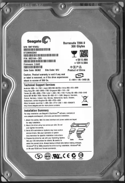 Seagate Barracuda St3300622As 300Gb Sata Hard Drive P/N: 9Bd144-303 Fw: 3.Aae Wu