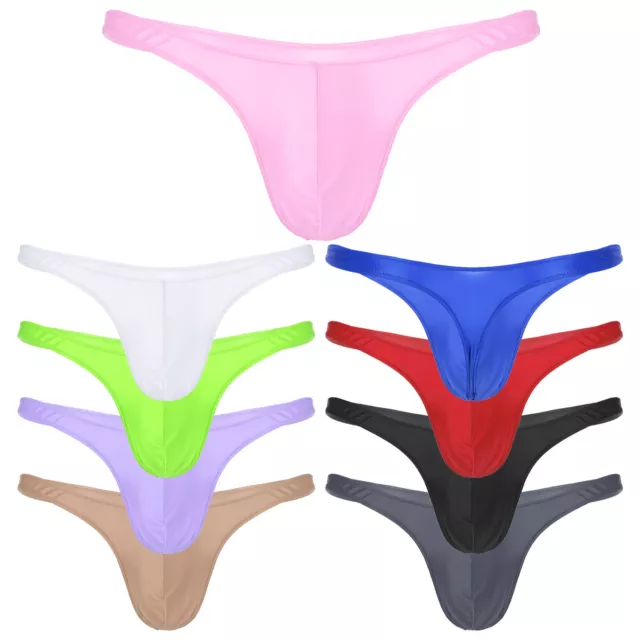 Men Shiny Glossy Bulge Pouch Thongs Underwear Low Rise Solid Color Bikini Briefs