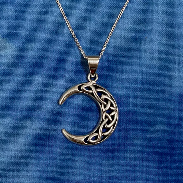 Sterling Silver 925 Celtic Knot Crescent Moon Pendant with Sterling Chain