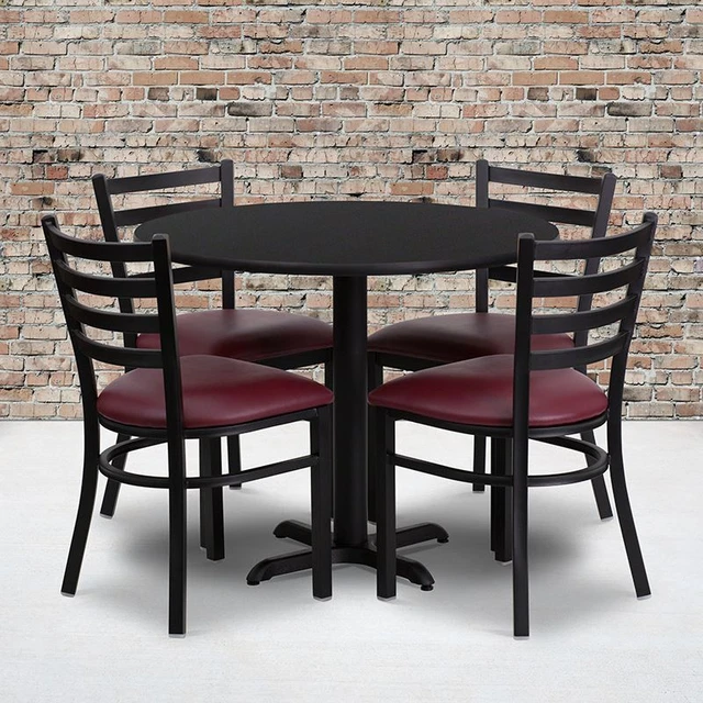 36'' Round Black Laminate Table Set w/X-Base & 4 Ladder Back Metal Chairs - Burg