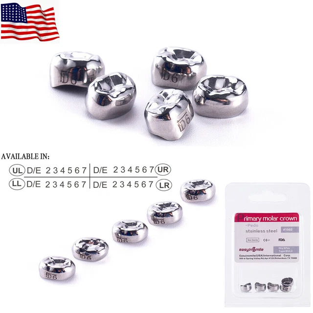 5pcs Dental Kids Crown Stainless Steel Molar Temporary Primary Crown DUL2-ELR6