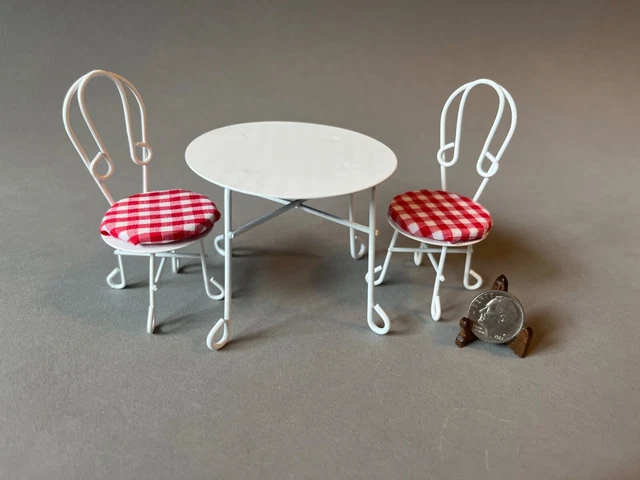 Vtg Dollhouse Ice Cream Parlor White Metal Red Checked Cloth 2 Chair Table Set