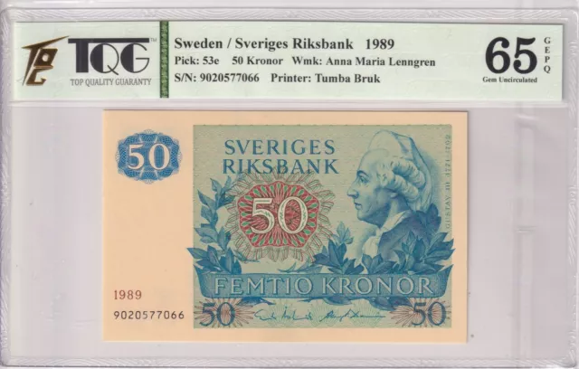 1989  Sweden 50  Kronor  Pick# 53e  65 EPQ Gem UNC