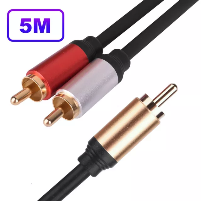 5m Subwoofer Cable 1RCA to 2RCA Y Splitter Shielded Audio Lead Cord Gold Plated