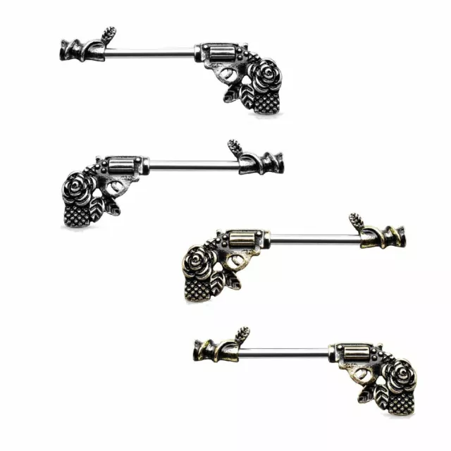 Nipple Barbells with a Rose Pistol Design Surgical Steel 14 Gauge