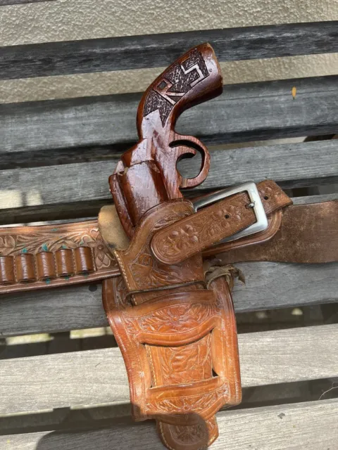 Nice Old Cowboy Western Leather Holster With Wooden Revolver,46” Length.