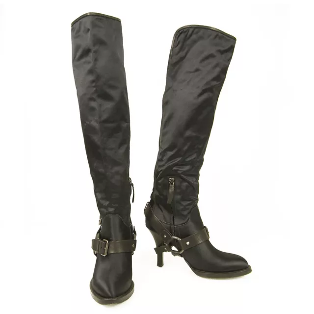 Ermanno Scervino Satin Bleu Cuir Noir Over The Knee Bottes Talons Chaussures 39