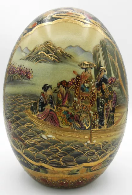 VTG Japanese Satsuma Pictorial Egg 8 Inches Gold Gilt Hand Painted Moriage