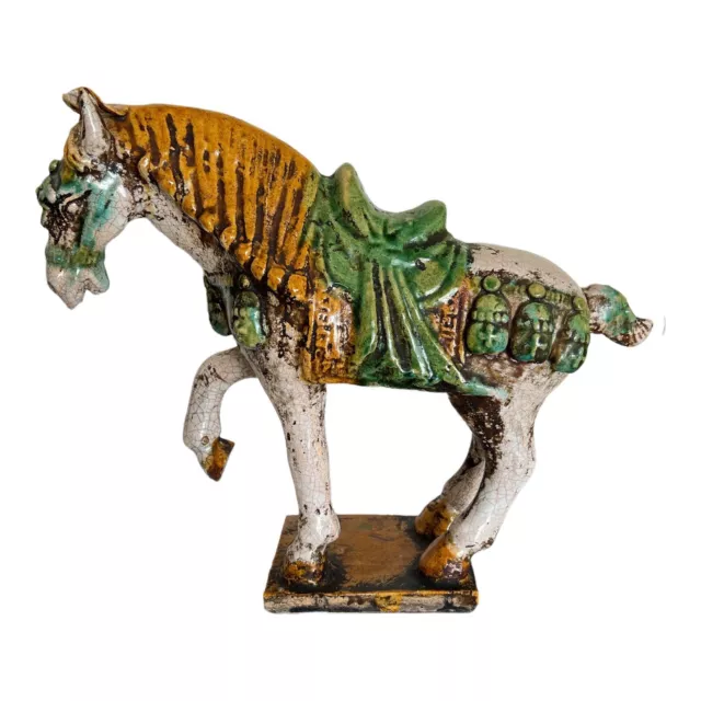 Chinese Sancai Tang Dynasty Style Crackle Finish Glazed Ceramic War Horse Statue