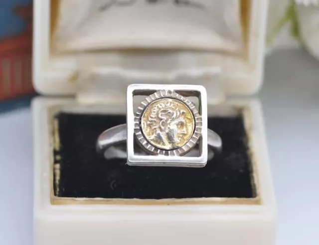 Vintage Sterling Silver Alexander Ring - Ancient Greek Coin Style / UK - M 1/2