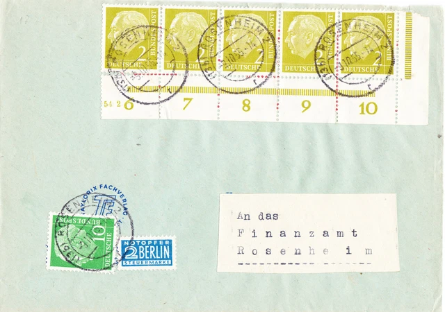 Bund Heuss I,  2 Pf Mi. 177 waager. 5er Streifen MiF mit Unter- und Eckrand