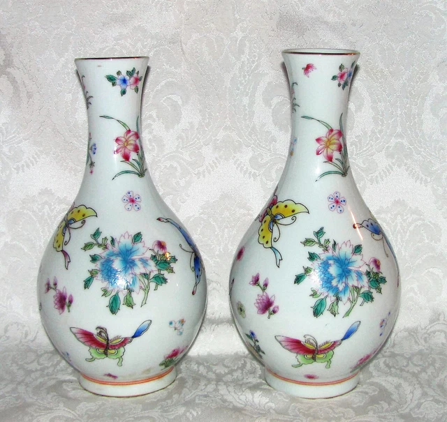 Pair Antique Chinese Porcelain Polychrome Enamel Vases Early 20th Century