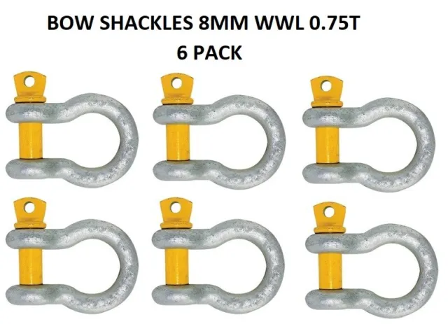 6 x 8mm Bow Shackles - Yellow Pin Rated WWL 0.75T Hayman Trailer Towing