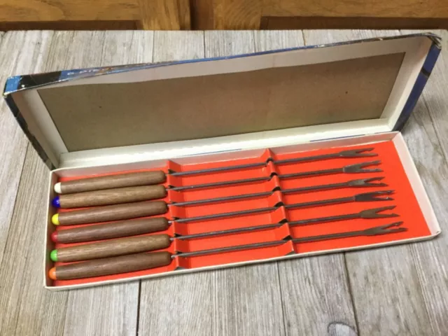 Vintage 6 Piece Fondue Fork Set Stainless Steel Wood Handles Made in Japan