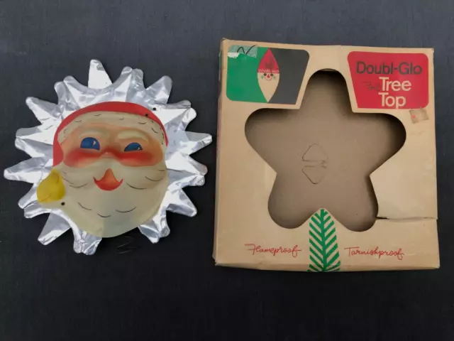 Vintage 70s Doubl Glo Christmas Foil Tree Top Santa Claus Box Paper Novelty Mfg