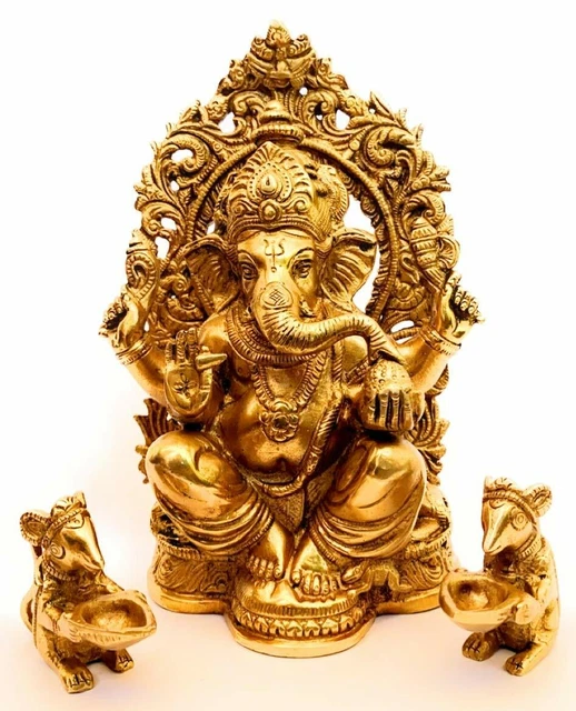 Figurine idole antique en laiton hindou 8 bras Ganesha Ganpati & statue de lion