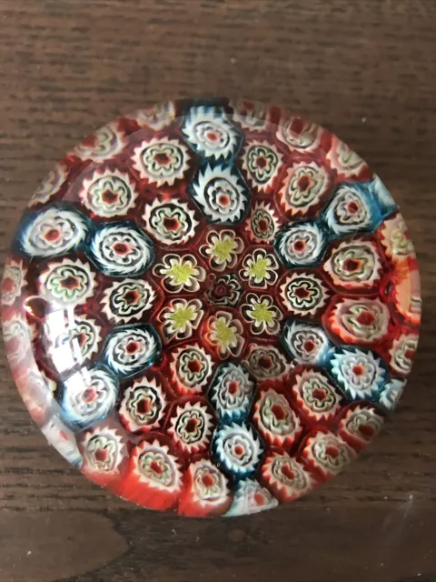 Paperweight Murano Art Glass Millefiori Flower Made in Italy red and aqua blue