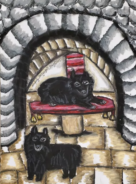 5x7 Schipperke visiting a gothic crypt Dog Art PRINT of Painting Artwork KSams