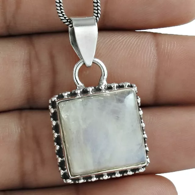 Natural Rainbow Moonstone Gemstone Pendant Ethnic White 925 Sterling Silver J49