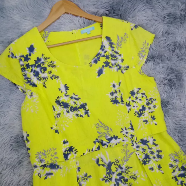 Blue Illusion Womens Bright Canary Yellow Floral Linen Pleated Dress [M] Boho 2