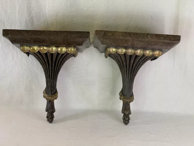 Ornate Italian Style Gold Fluted Large Pair (2) Wall Shelves Corbels Sconces