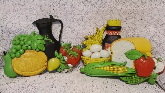 Vintage 1970s Syroco Kitchen Wall Plaque Bread Fruit Vegetables 7381 and 7382