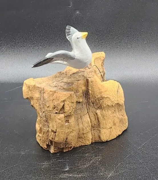 Vintage Handcarved Handpainted Seagull In Flight On Dried Light Wood