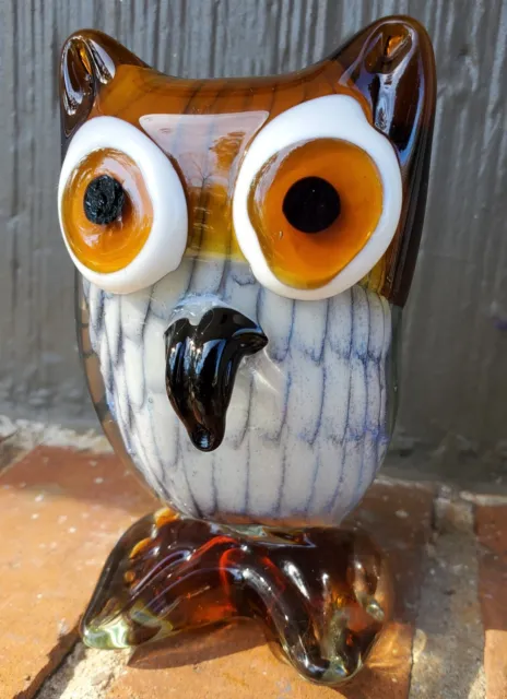 Hand Blown Murano Style 5" Art Glass Wise Owl Bird Folksy Figurine Paperweight