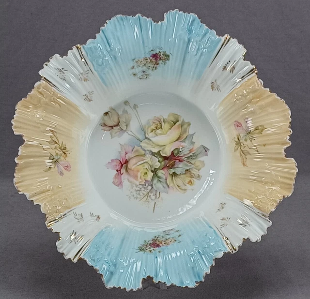 Antique RS Prussia Yellow Roses Blue Yellow & Gold 10 1/4 Inch Porcelain Bowl