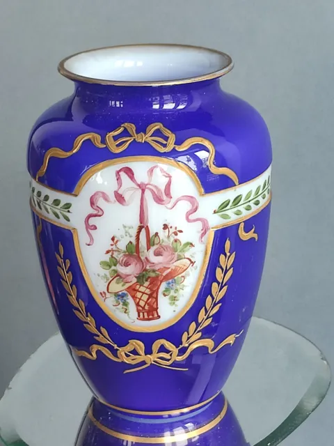 Antique Victorian OPALINE Hand Painted Gilt Decor Art Glass Vase Blue Royal