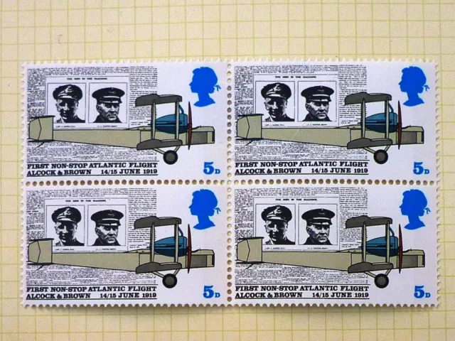 GB Stamps 1969 5D Royal Mail Block of 4 Stamps - Alcock & Brown Atlantic Flight
